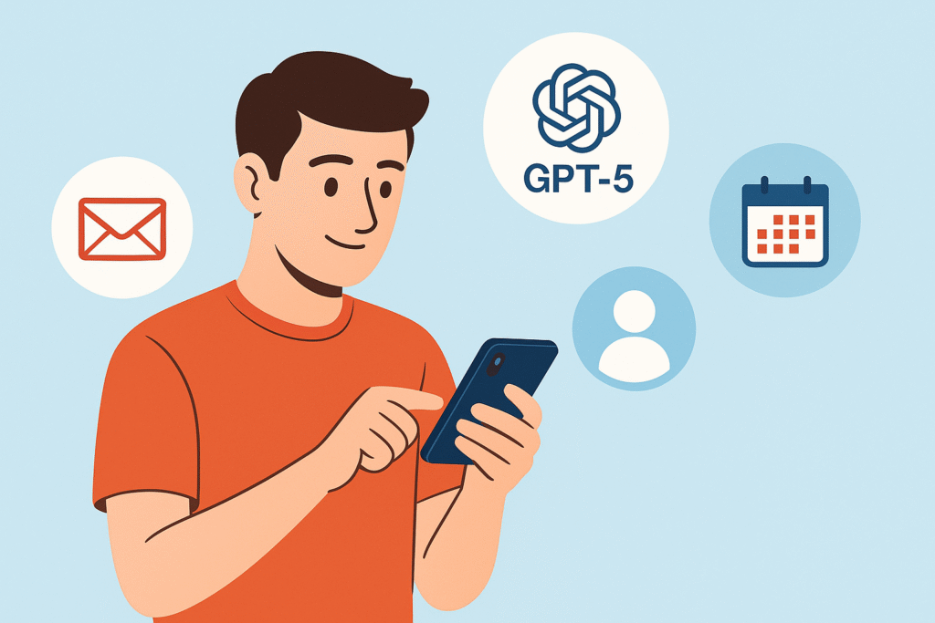 Illustration of a young man using a smartphone, surrounded by icons representing GPT-5, email, calendar, and contacts, symbolizing AI integration with Gmail and Google Calendar.