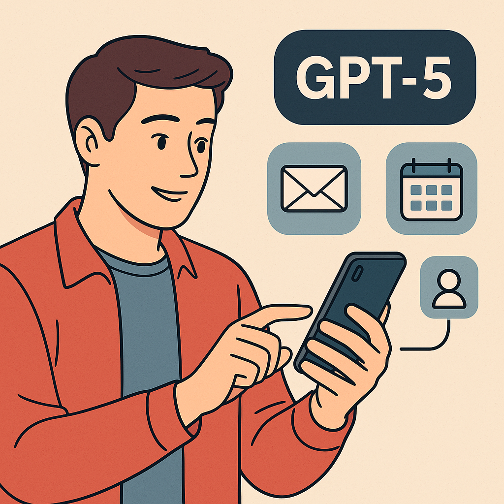 Illustration of a young man using a smartphone with GPT-5 icons for email, calendar, and contacts, representing AI integration with Gmail and Google Calendar.