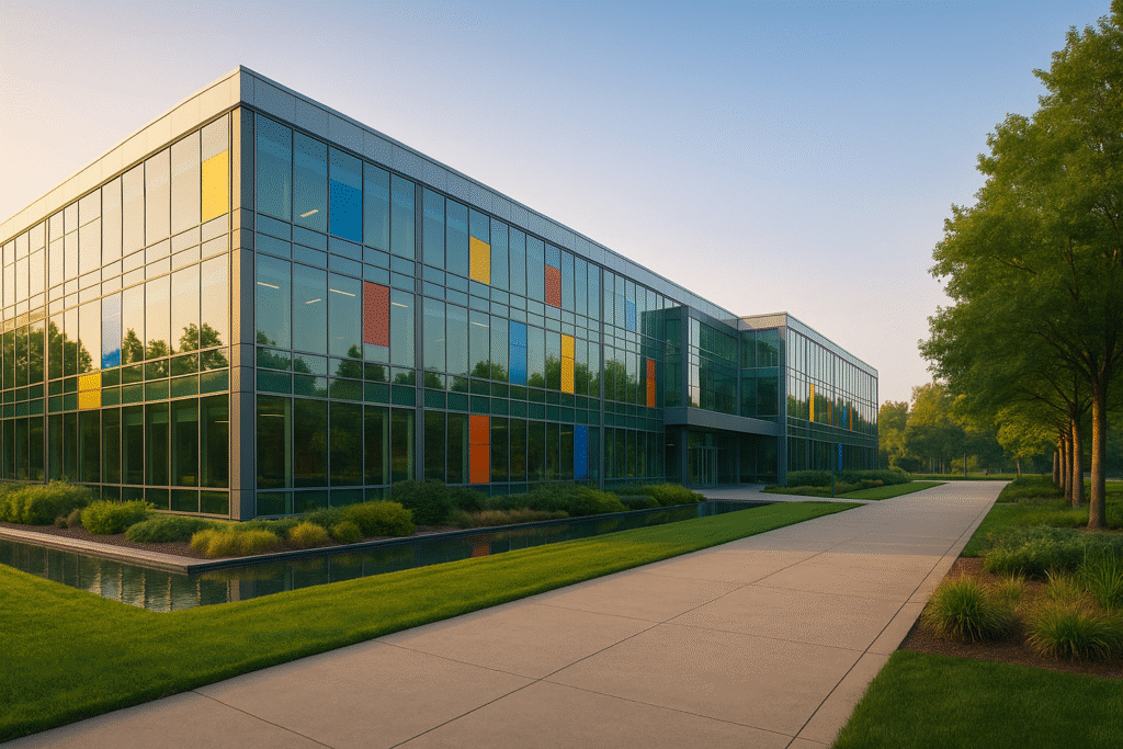 Modern Microsoft campus–style office building at sunrise with glass facade, colorful accent panels, landscaped path, and reflecting pool; wide landscape photo, no text.