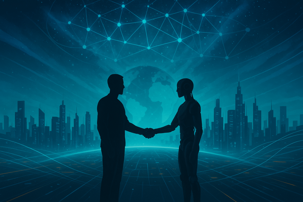 Digital landscape of a human and humanoid robot shaking hands on a glowing platform, with a futuristic skyline and neural-network pattern in the sky.