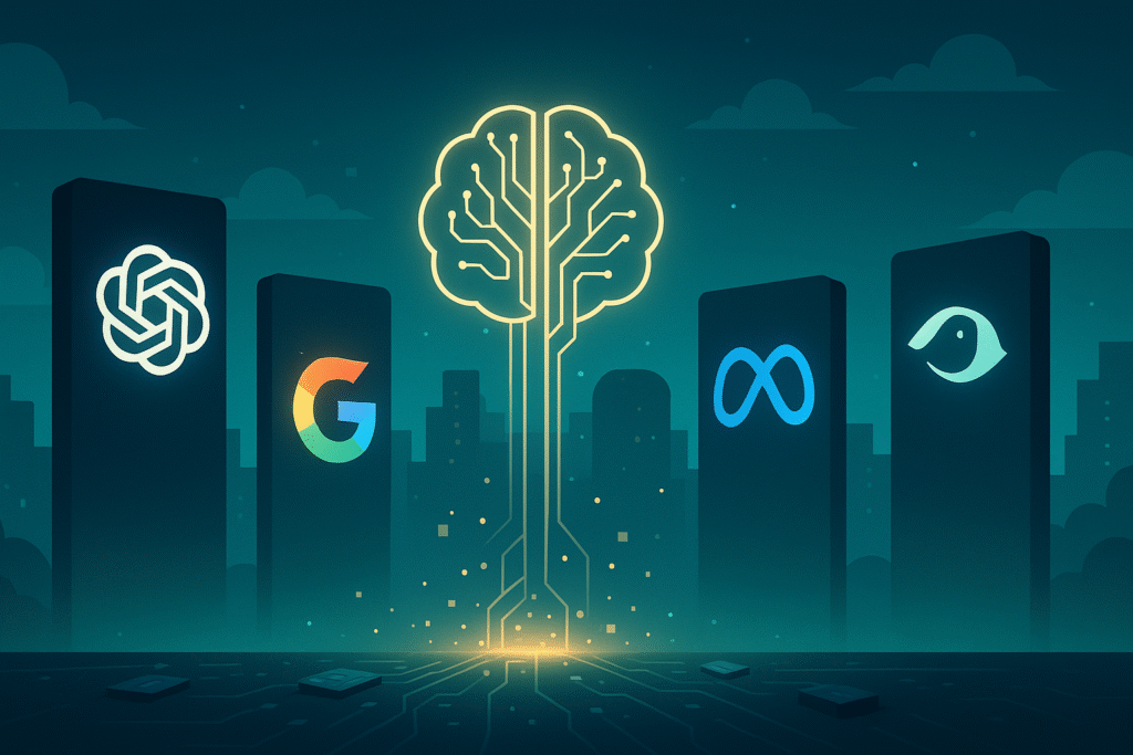 Landscape illustration of a glowing circuit-brain rising above a city, flanked by monoliths with stylized icons of leading AI companies—symbolizing Big Tech’s race to hire top talent.