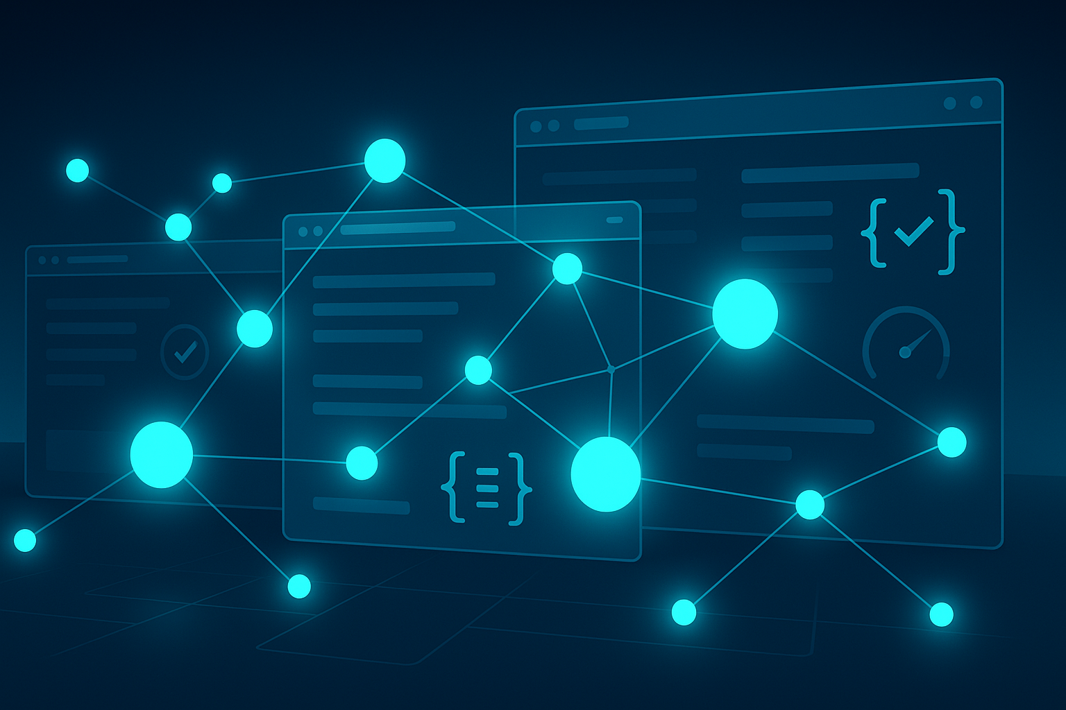 AI Agents Mapping the Web — Parallel’s Research Layer Landscape illustration of glowing cyan nodes and lines connecting layered browser windows with citation brackets, checkmarks, and a speed gauge, symbolizing AI agents verifying web sources.