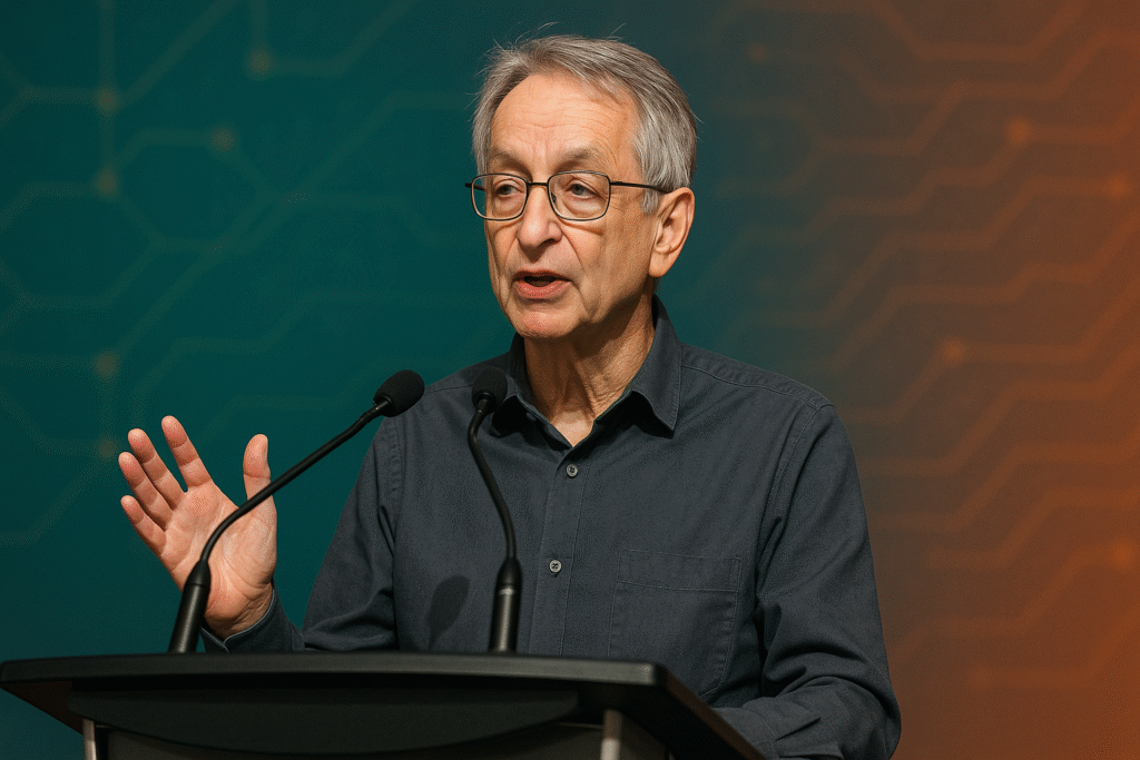 Geoffrey Hinton delivering a conference speech on AI safety at a podium, microphones visible, teal–orange neural-network backdrop.