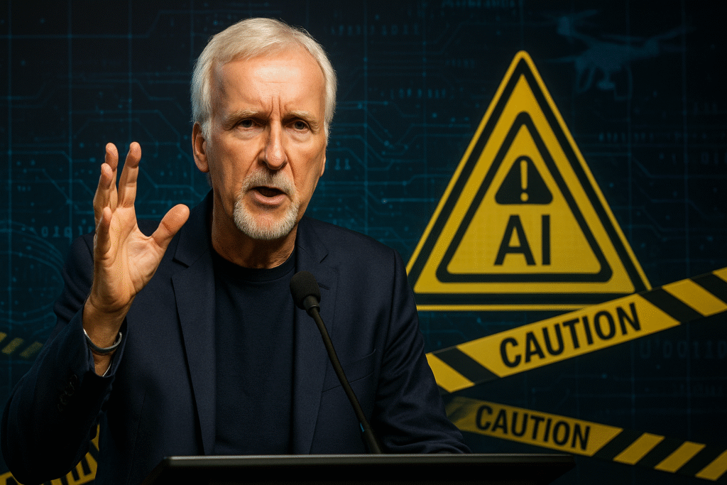 James Cameron speaks at a podium with AI caution symbols on a digital-grid backdrop, warning about artificial intelligence.