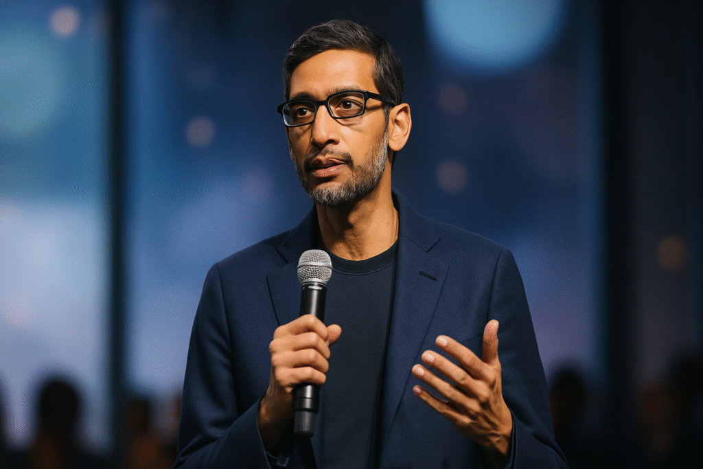 Sundar Pichai speaks on stage with a microphone, wearing a navy blazer, against a blurred audience and lights.