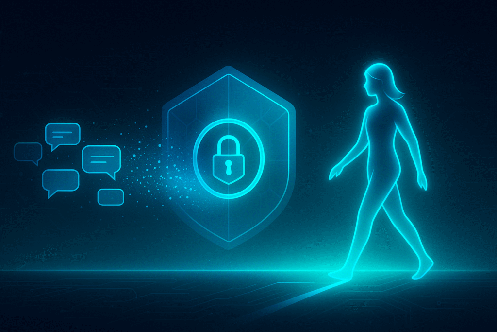 Neon-blue female silhouette walks past a padlocked shield as chat bubbles fragment against its edge—futuristic landscape over a circuit grid.
