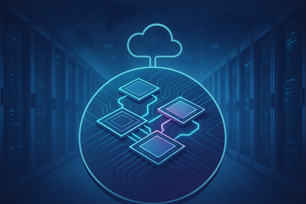 Silicon wafer with four interconnected chiplets glowing cyan inside a data center, topped by a cloud icon—symbolizing Arm’s modular chiplet strategy for AI.