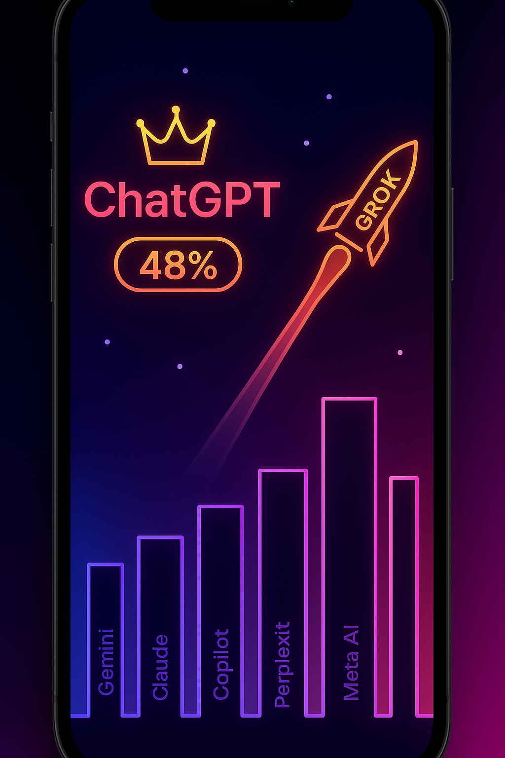 Mobile-first illustration of a smartphone showing a neon city skyline where ChatGPT wears a crown with “48%,” Grok launches like a rocket, and rivals—Gemini, Claude, Copilot, Perplexity, Meta AI—appear as labeled buildings.