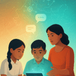 Indian teacher guides two students using an AI-powered tablet; glowing interface with chat bubbles and circuitry over a stylized map of India—symbolizing OpenAI’s education rollout.