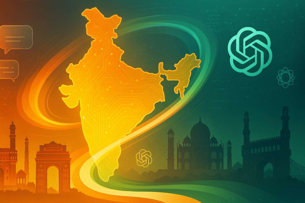 Landscape illustration merging India’s map and landmark silhouettes (Taj Mahal, India Gate, Charminar) with the ChatGPT emblem and tricolor circuit swirls—symbolizing India × AI.