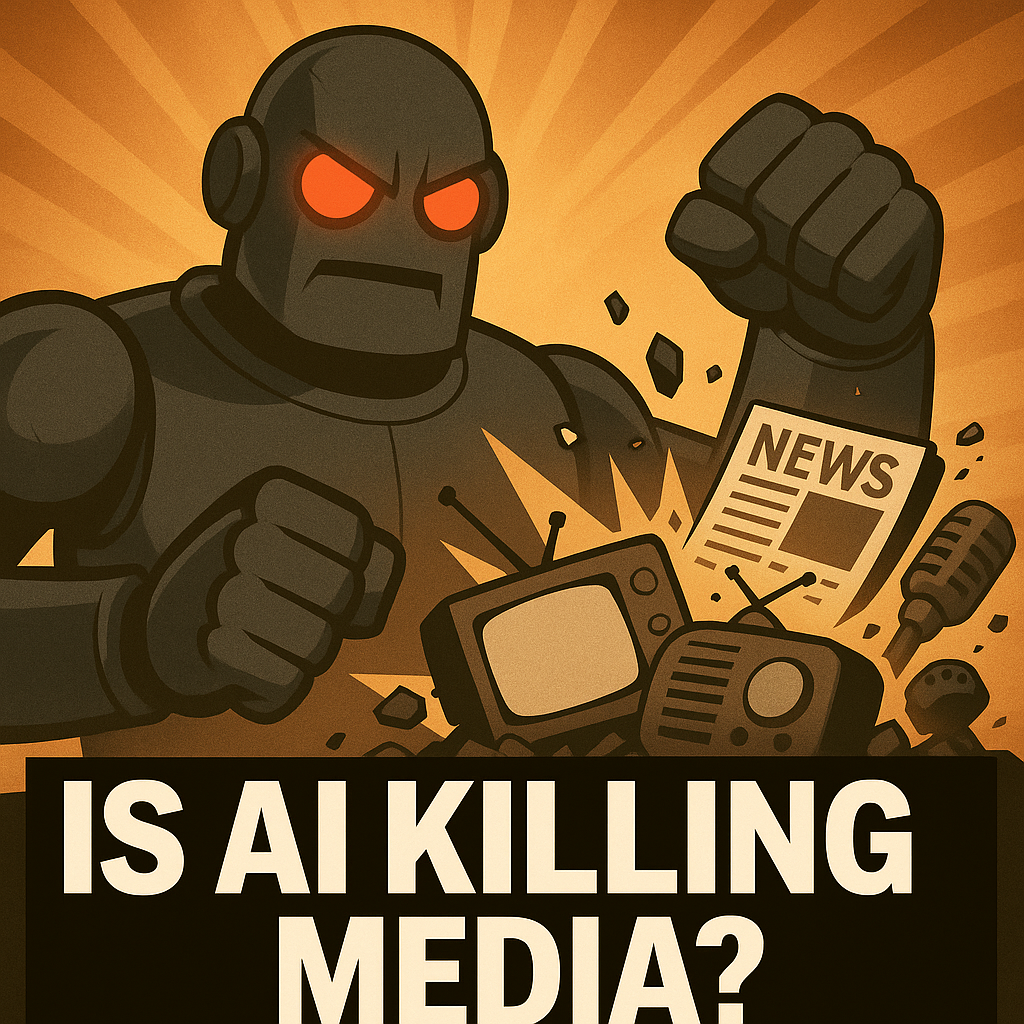 A robotic hand controls the flow of digital news—illustrating how AI search tools like ChatGPT and Google’s SGE are replacing traditional media traffic.