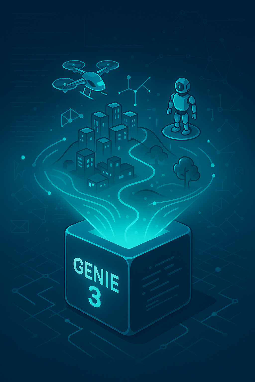 A futuristic digital illustration of a glowing blue AI genie hovering above a circuit-filled environment, symbolizing OpenAI’s Genie 3 world model generating interactive virtual worlds from text prompts.