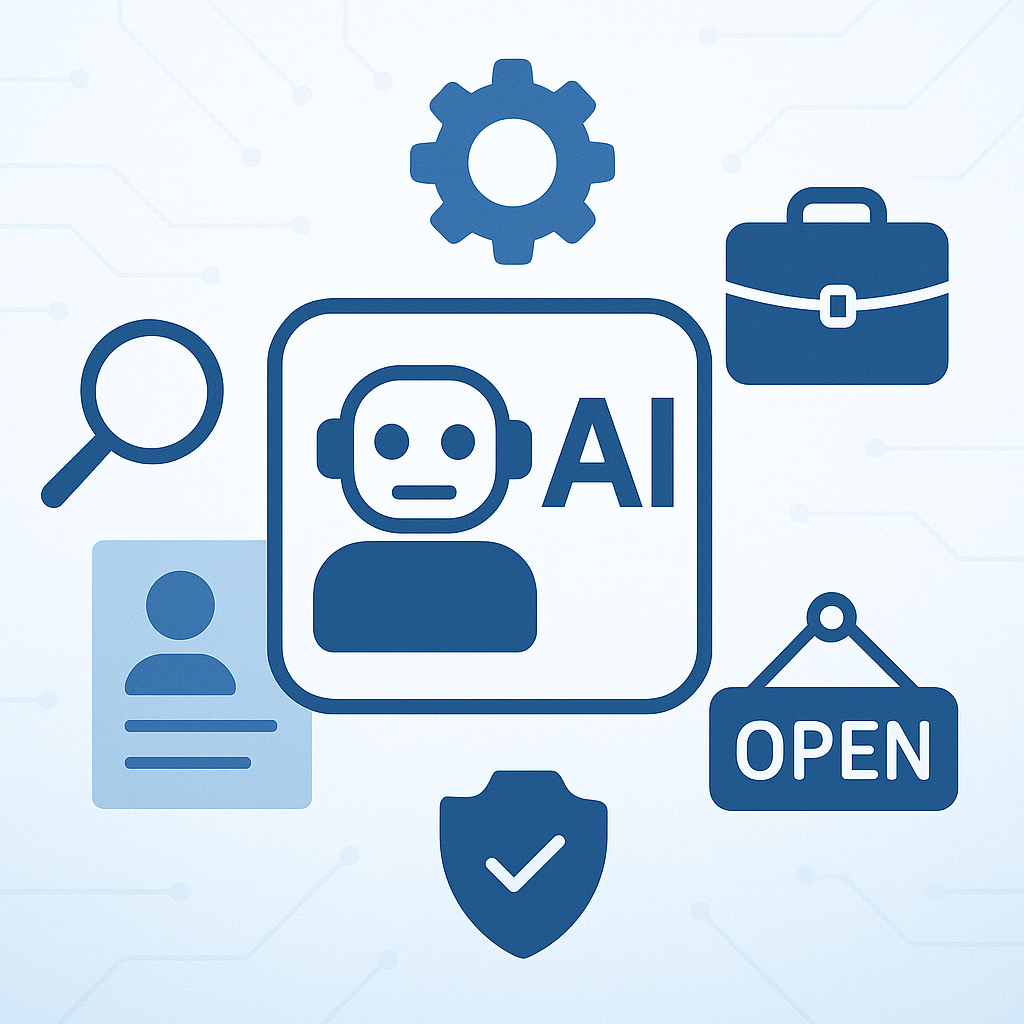 Feature image with bold text “Unlock Your Future: Top AI Jobs in 2025” alongside icons representing AI careers: robot head, cloud, data graph, and shield on a modern blue and white tech background.