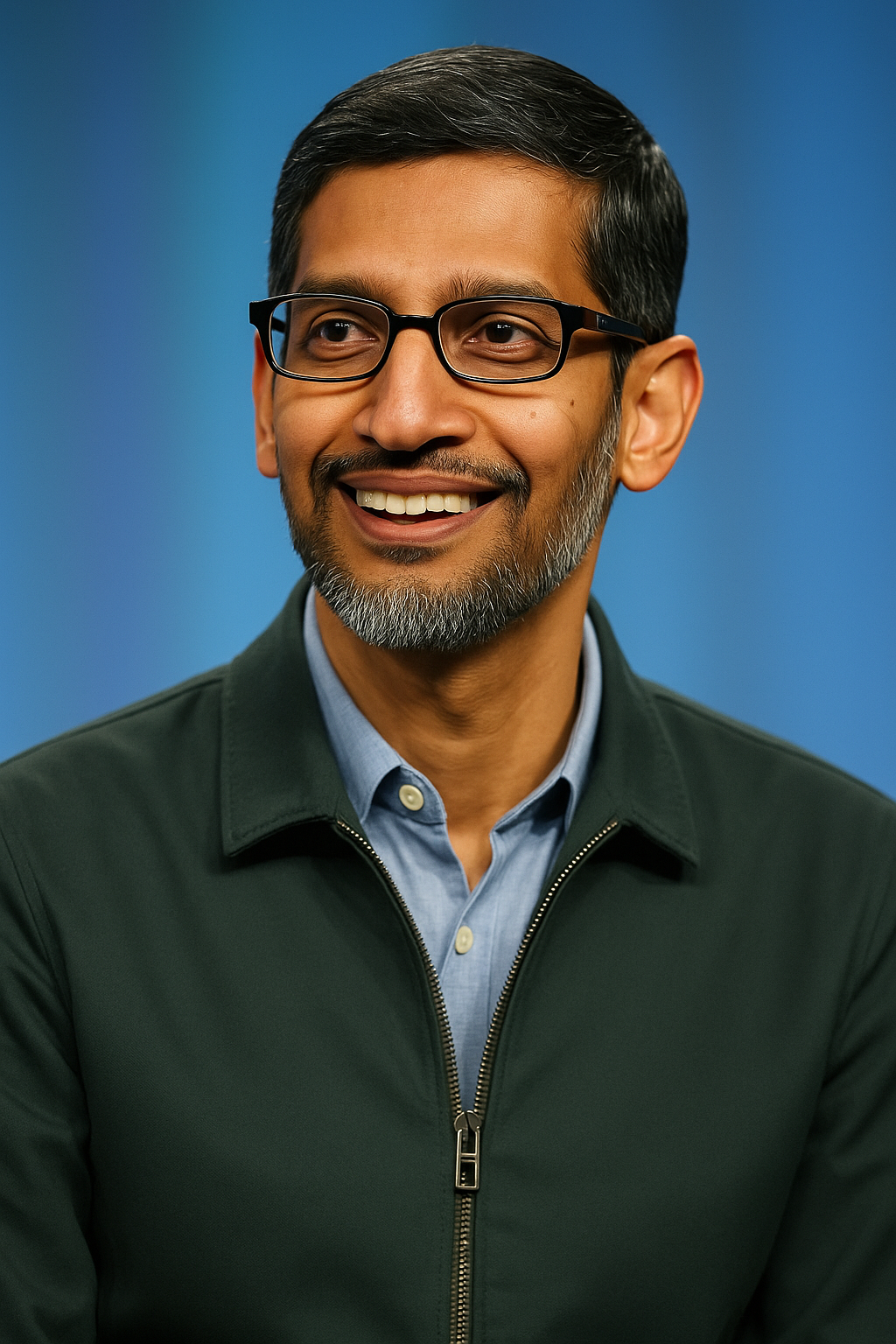 Portrait of Google CEO Sundar Pichai smiling during a talk, wearing glasses, a green jacket, and a blue shirt, with a soft blue background.