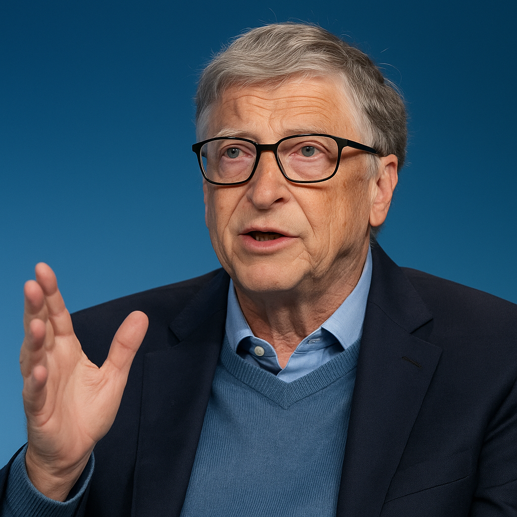 Bill Gates speaking during a tech forum, gesturing thoughtfully against a blue background
