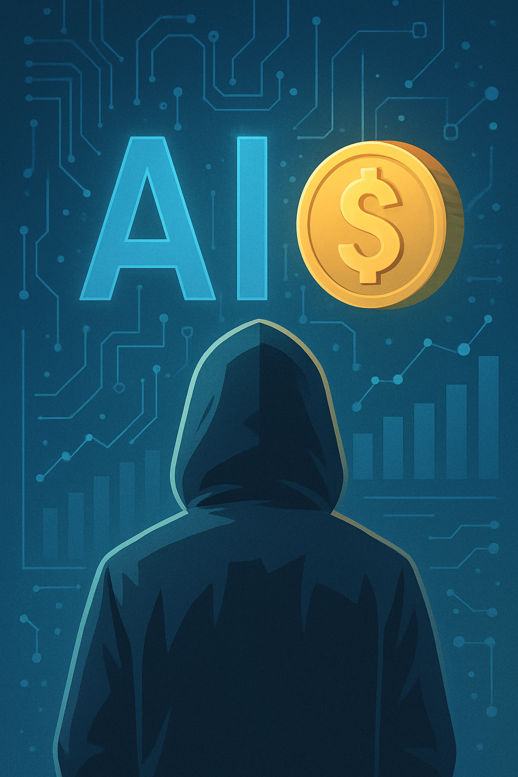Hooded figure facing digital AI interface with glowing dollar sign, symbolizing hidden wealth and power in artificial intelligence