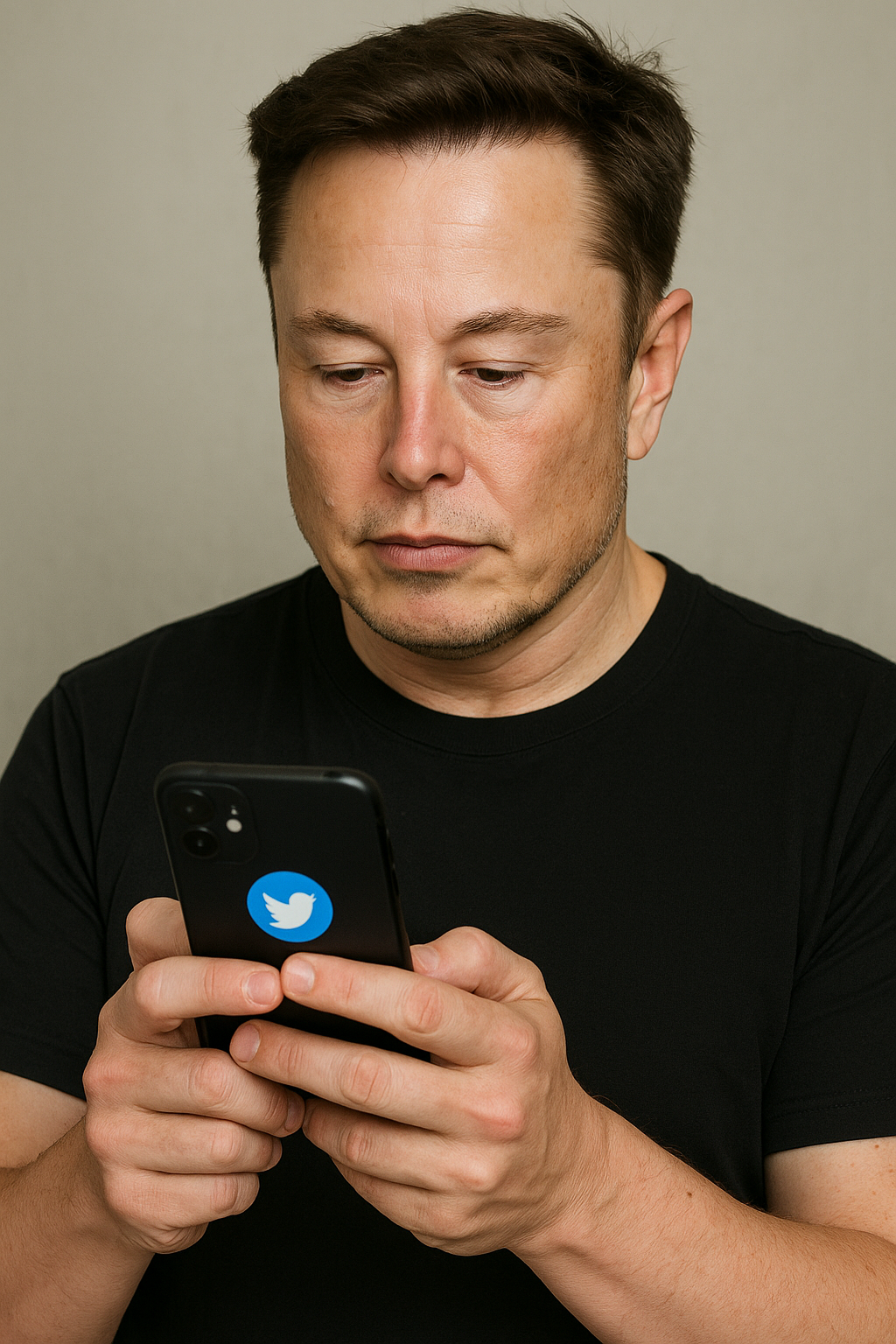 "Elon Musk looking at his smartphone while using Twitter, wearing a black t-shirt, focused expression"