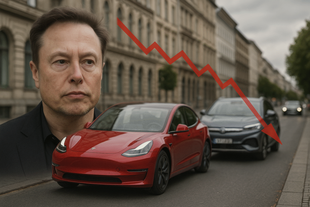 Tesla Faces Fierce Competition as BYD Gains in Europe Amid Sales Decline Elon Musk with a serious expression, a red Tesla Model 3 in front, a gray BYD car behind, and a red downward stock chart arrow over a European city street background.