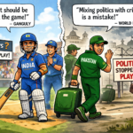 Cartoon illustration showing Indian cricketers confidently walking onto the field to play while Pakistani players walk away with luggage, symbolizing a boycott influenced by politics versus India’s commitment to cricket.