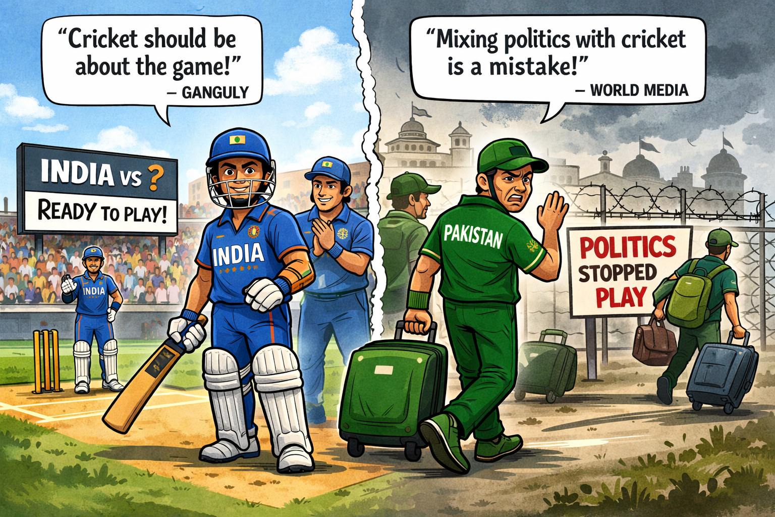 Cartoon illustration showing Indian cricketers confidently walking onto the field to play while Pakistani players walk away with luggage, symbolizing a boycott influenced by politics versus India’s commitment to cricket.