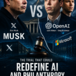 A dramatic composite image showing Elon Musk facing Sam Altman and Greg Brockman across a courtroom backdrop, with a judge’s gavel and a split visual symbolizing a legal battle over OpenAI and its partnership with Microsoft.