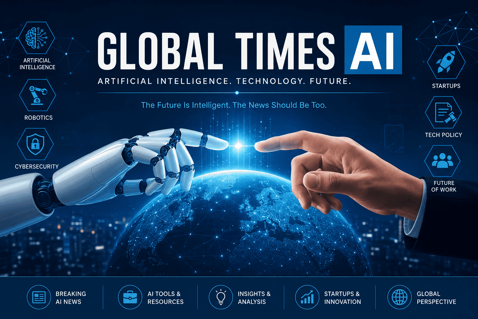 Global Times AI feature image showing a futuristic digital globe with a human hand and robotic hand touching, symbolizing artificial intelligence, technology, robotics, startups, cybersecurity, and the future of work.