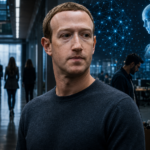 Mark Zuckerberg stands in the foreground of a dim corporate office while employees leave with boxes and a glowing AI figure appears in the background, symbolizing Meta layoffs and the rise of artificial intelligence.