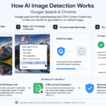 Infographic showing how AI image detection works in Google Search and Chrome, with steps for checking an online image using SynthID watermarking and C2PA Content Credentials.