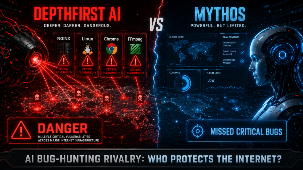 A dramatic split-screen feature image comparing Depthfirst AI and Mythos, showing cyber threat visuals, danger symbols, internet infrastructure icons, and a warning that Depthfirst found critical bugs across major systems.