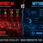 A dramatic split-screen feature image comparing Depthfirst AI and Mythos, showing cyber threat visuals, danger symbols, internet infrastructure icons, and a warning that Depthfirst found critical bugs across major systems.