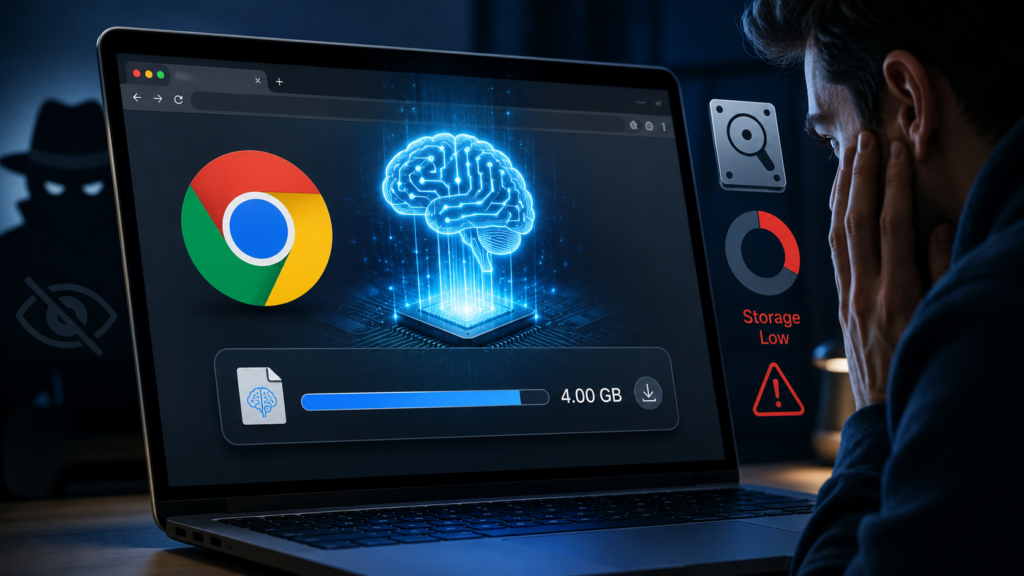 A worried user looks at a laptop screen showing Google Chrome secretly downloading a 4GB AI model while storage warning icons appear.