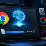 A worried user looks at a laptop screen showing Google Chrome secretly downloading a 4GB AI model while storage warning icons appear.