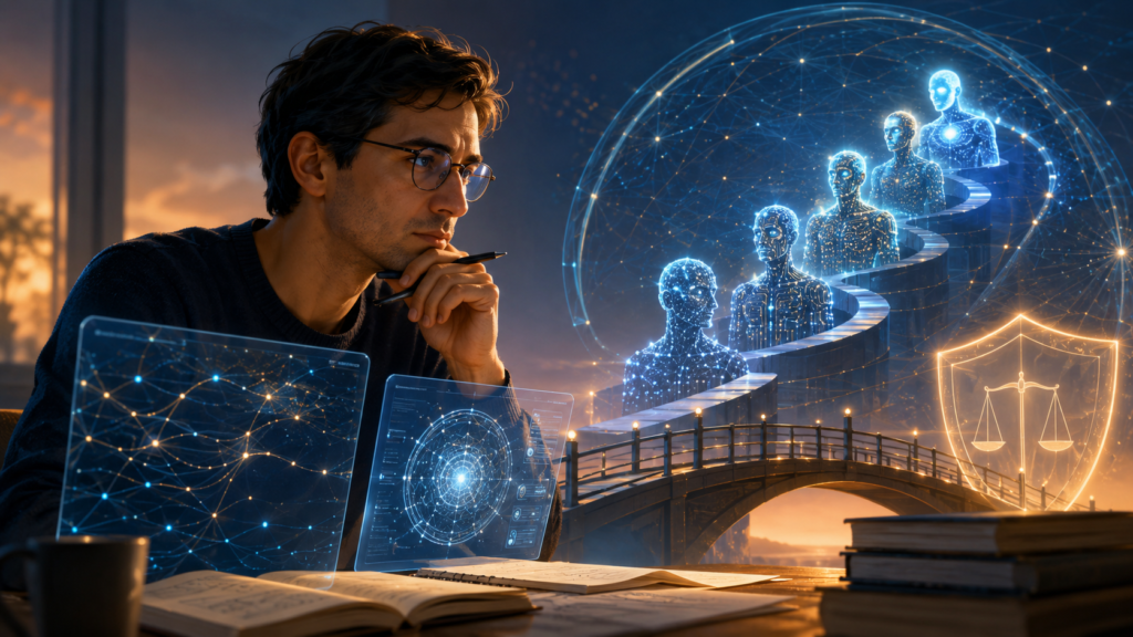 A thoughtful AI safety researcher studies glowing digital screens while a symbolic spiral of evolving AI figures rises in the background, protected by a bridge and justice-scale shield.