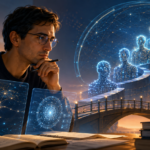 A thoughtful AI safety researcher studies glowing digital screens while a symbolic spiral of evolving AI figures rises in the background, protected by a bridge and justice-scale shield.