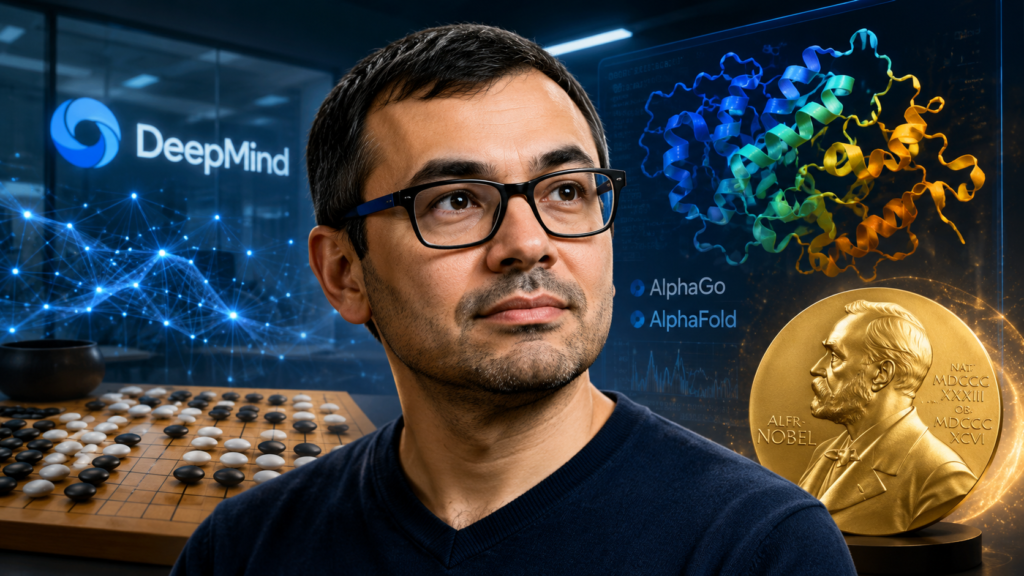 Demis Hassabis with DeepMind, AlphaGo, AlphaFold protein structure and Nobel Prize medal in a futuristic AI research background.