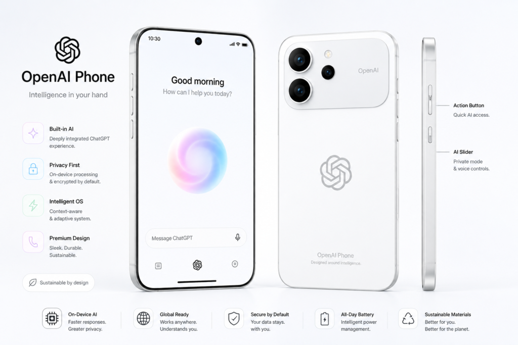 Bright landscape render of an OpenAI smartphone concept showing front, back, and side views with a clean white background and AI interface.