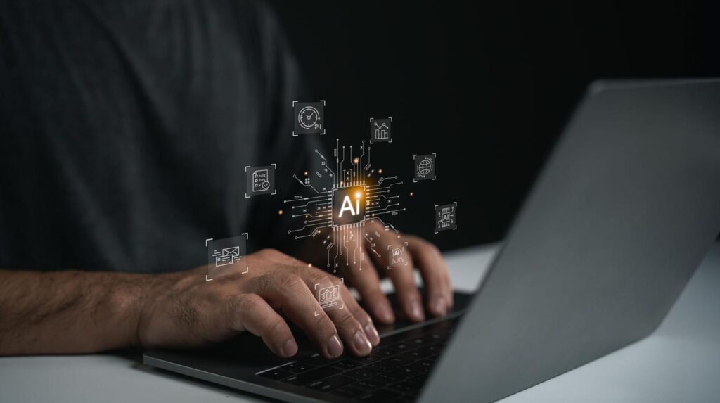A lone entrepreneur working on a laptop in a dimly lit room with subtle AI interface visuals, representing a one-person startup powered by artificial intelligence.