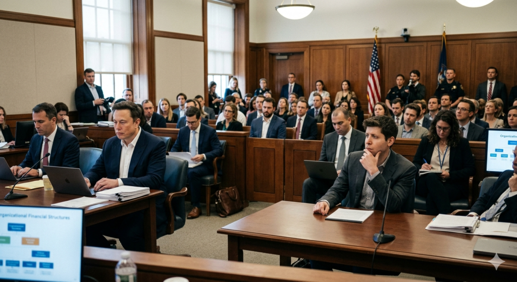 A wide-angle interior shot of a wood-paneled federal courtroom. On the left, Elon Musk sits at a legal table with a laptop and stacks of documents; on the right, Sam Altman sits with his hand to his chin, looking toward the judge. The gallery behind them is filled with observers and legal professionals under an American flag.