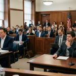 A wide-angle interior shot of a wood-paneled federal courtroom. On the left, Elon Musk sits at a legal table with a laptop and stacks of documents; on the right, Sam Altman sits with his hand to his chin, looking toward the judge. The gallery behind them is filled with observers and legal professionals under an American flag.