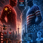 Vertical illustration of two towering humanoid figures made of circuitry facing off, one in Chinese red and gold and the other in US red, white, and blue, above a split futuristic city showing China’s robot-filled factories on one side and America’s holographic software world on the other, symbolizing an AI battle between the two nations.